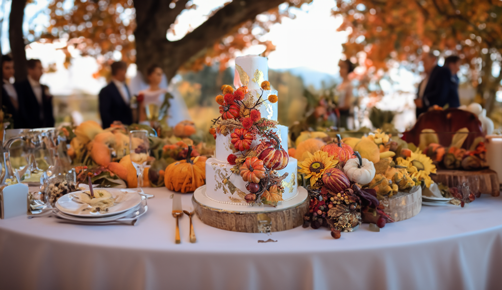 frosted pumpkin three-tiered fall themed wedding cake