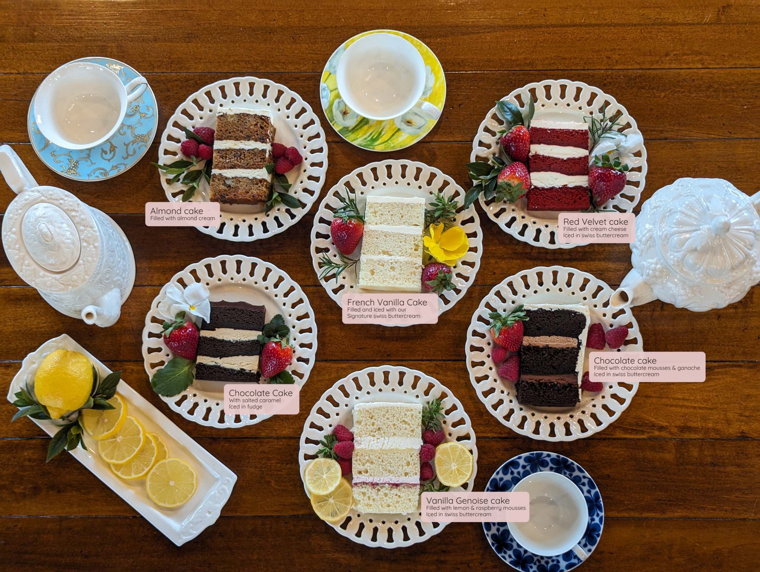 Frosted Pumpkin Sample Cake Platter: Chocolate Cake, Vanilla Pitcher, Red Velvet Cake, Vanilla Genoise Cake, French Vanilla Cake, Chocolate Cake with Salted Caramel